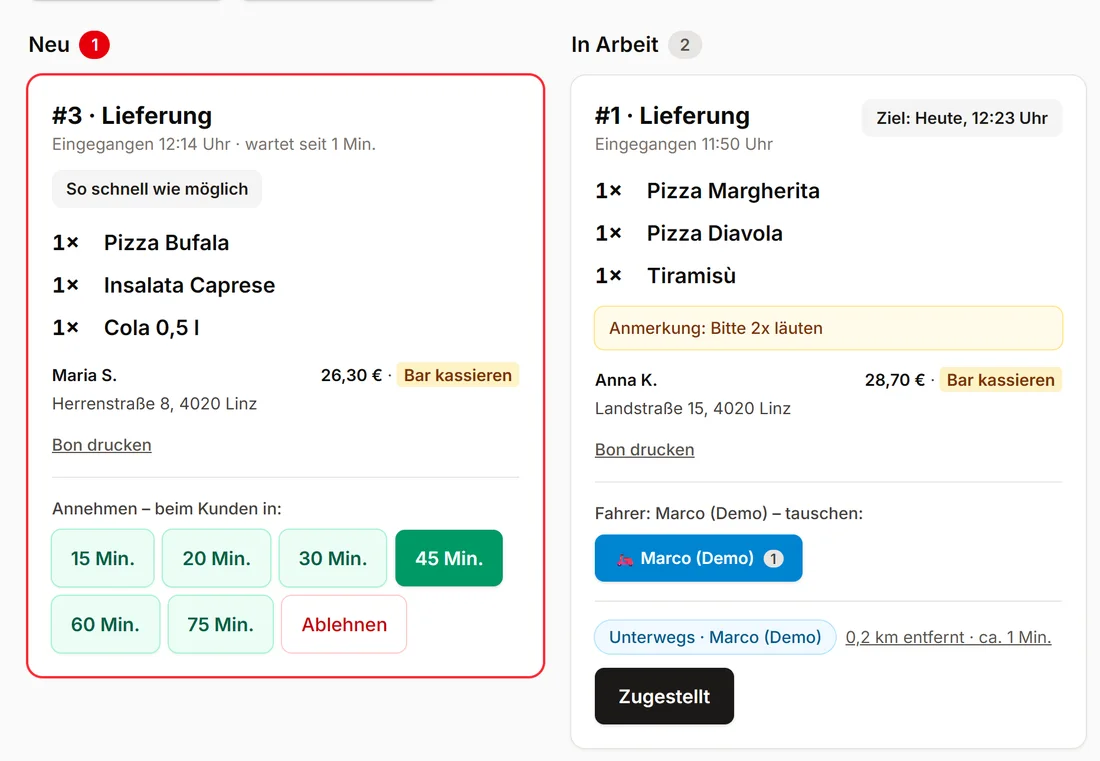 Live-Bestellungen im Restaurant-Panel am Tablet