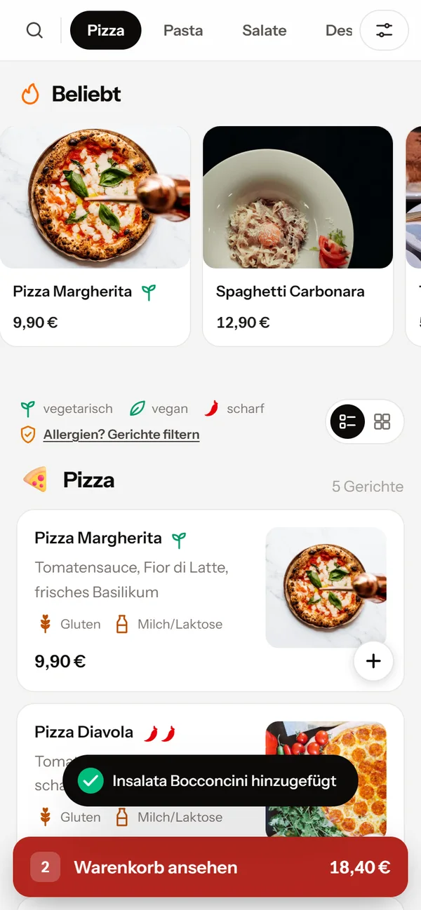 Speisekarte im Beispiel-Shop am Handy mit Warenkorb