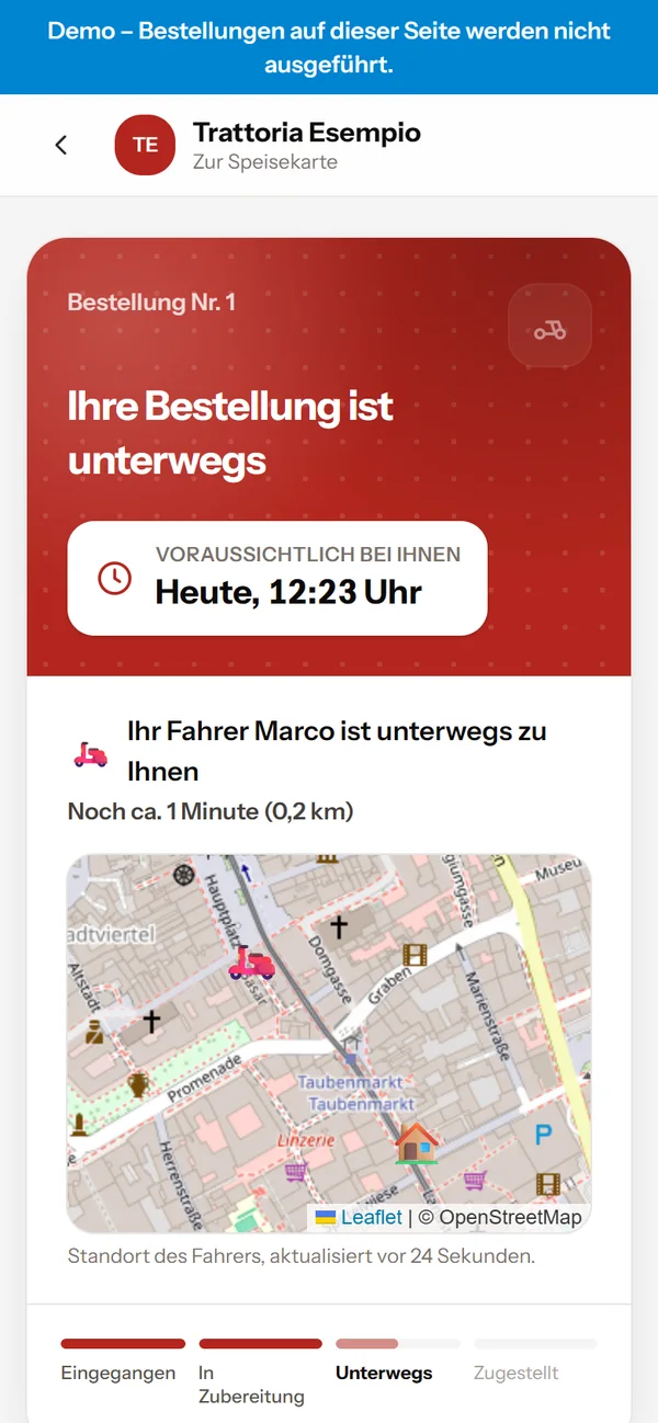 Bestellstatus mit Live-Karte des Fahrers